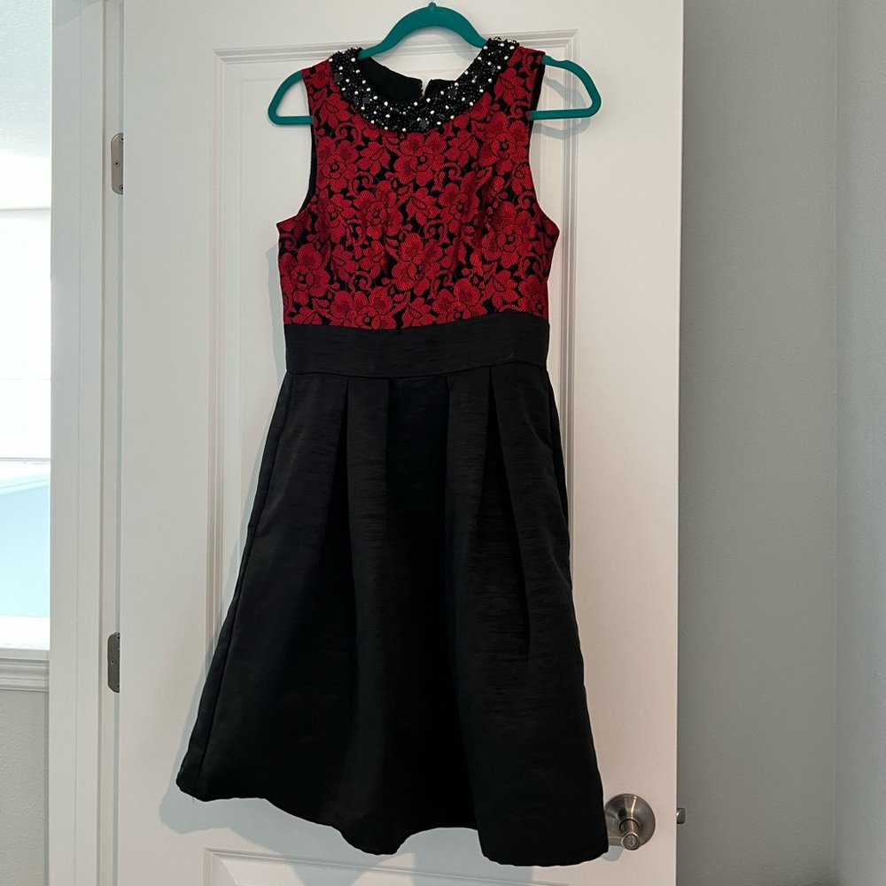 EUC Eliza J Black and Red Cocktail Dress with Beaded Detailing, Size 8